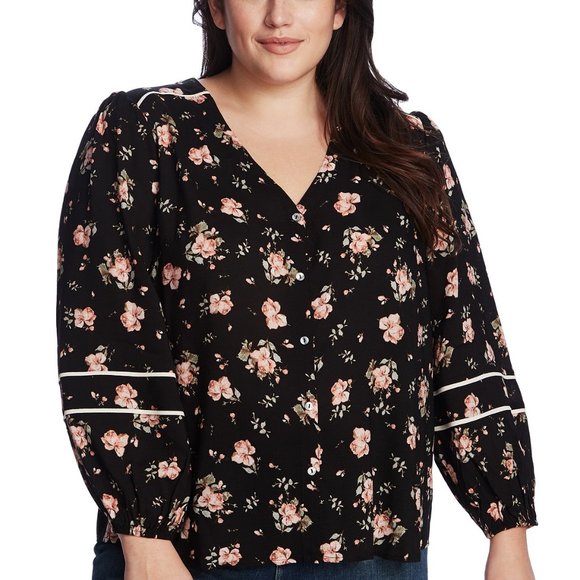 1.STATE Festival Roses Pipe Bubble Sleeve Blouse Black Pink 2X NWT - Picture 1 of 10